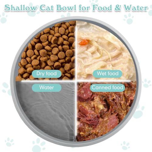 Silicone Cat Food Bowls Shallow Cat Dishes 5.9in Wide Pet Plates Set of 2 Small Flat Dog Saucer Bowl Cute Whisker Fatigue Kitten Feeding Dish for Dry & Wet Food (Round Grey) - color: Grey, size: M: 5.9 inches - without Suction Cup