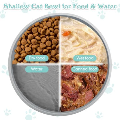 Silicone Cat Food Bowls Shallow Cat Dishes 5.9in Wide Pet Plates Set of 2 Small Flat Dog Saucer Bowl Cute Whisker Fatigue Kitten Feeding Dish for Dry & Wet Food (Round Grey) - color: Grey, size: M: 5.9 inches - without Suction Cup