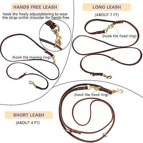 Hands Free Leather Dog Leash 8ft，Durable Genuine Leather Multi Function Dog Leashes，Strong Leash for Small Medium Large Breed Dogs