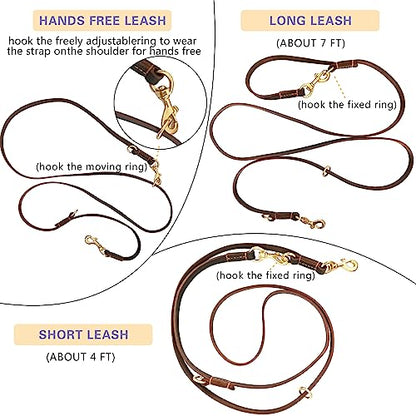 Hands Free Leather Dog Leash 8ft，Durable Genuine Leather Multi Function Dog Leashes，Strong Leash for Small Medium Large Breed Dogs