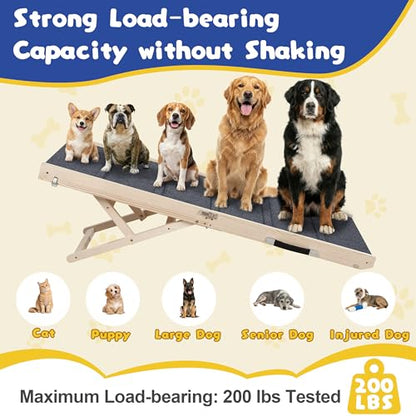 Extra 51.2" Long Dog Ramp for Bed & Couch - Adjustable Height 9.5" to 24" Wooden Non-Slip Pet Ramp, Portable Foldable Doggie Car Ramp for Small Medium Large Older Dogs, 200 LBS Load