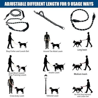 Hands Free Dog Leash Crossbody & Waist for Dog Walking, 13 ft 9-in-1 No Pull Heavy Duty Bungee Slip Lead Leash with 3 Padded Handles, Reflective & Tangle-Free for Large & Medium Dogs Black - size: 13 Ft