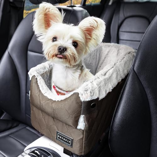 PETSFIT Center Console Dog Car Seat with Safe Protection Hooks, Pet Car Seat with Upgraded Safety Tethers, Washable Cushion, Console Dog Car Seats for Small Dogs (Coffee) - color: Coffee