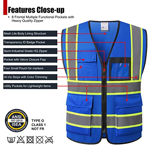 Reflective Safety Vest for Men Women Hi Vis Vest with 8 Pockets High Visibility Mesh Reflective Vest Meets ANSI/ISEA Standards (Blue-07, Medium) - color: Blue, size: Medium