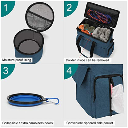 Modoker Dog Travel Bag, Weekend Pet Travel Set for Dog and Cat, Airline Approved Tote Organizer with Multi-Function Pockets, 2 Food Storage Containers, 2 Collapsible Bowls, 1 Feeding Mat (Blue) - color: Blue