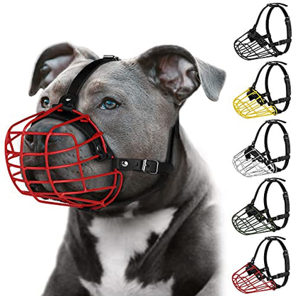 Pitbull Dog Muzzle Metal Mask Amstaff Secure Wire Basket Adjustable Durable Leather Straps for Large Dogs (Red) - color: Red