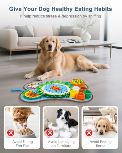 Snuffle Mat for Dogs 25x17in Slow Feeder Squeaker Washable | Snuffle mat for puppies, cats, rabbits. Mental stimulation toy, built-in squeaker, machine washable, blue