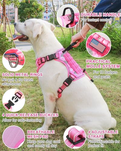 Hotsky Tactical Dog Harness No Pull，Adjustable Service Dog Vest Reflective Military Pet Harness with Control Handle Molle Loop Panels for Training Walking Running(Pink Camo, XL) - color: Pink Camo, size: XL(Neck: 22''-29.5'',Chest:25''-40''）