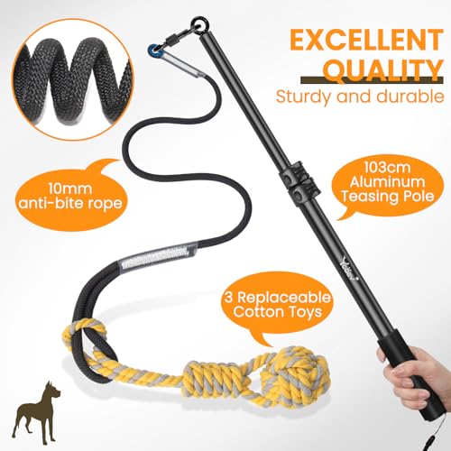 Ycozy Flirt Pole for Dogs Heavy Duty Interactive Toys Tug of War with Detachable 3 Replacement Rope Toys for Chase and Outdoor Exercise & Training for Small Medium Large Dogs (Pole - 40.6")