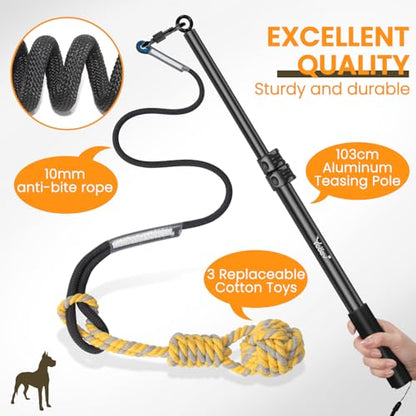 Ycozy Flirt Pole for Dogs Heavy Duty Interactive Toys Tug of War with Detachable 3 Replacement Rope Toys for Chase and Outdoor Exercise & Training for Small Medium Large Dogs (Pole - 40.6")