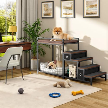 kepptory Dog/Cat Window Perch with Stairs and Seat Cushion, Pet Bunk Bed with Storage Drawers, Bedside Dogs Cot for Small, Medium Cats & Dogs, Pet Stairs Ramp(Brown) - color: Brown