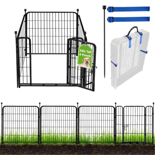 ADAVIN Tall Garden Fence with Low Threshold Door,54 in(H) 4 Panels Total 8.8 Ft(L) Fencing for Dogs, Garden Fence Animal Barrier, Black Iron Metal Heavy Duty Dog Fence Outdoor for Yard - size: 4panels-54in(H)x8.8ft(L)