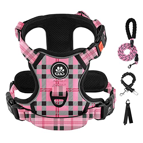 IVY&LANE No Pull Dog Harness with Leash Set, Reflective No Choke Pet Vest,Adjustable Oxford Dog Vest Harness with Easy Control Handle for Small Dogs (Checkered Pink,S) - color: Checkered Pink, size: Small