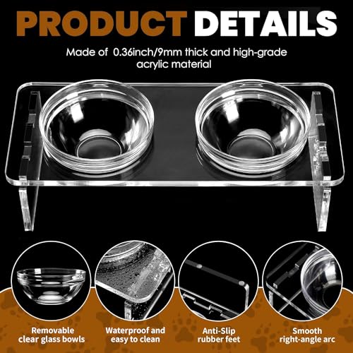 Elevated Dog & Cat Bowls – 3.75” Acrylic Raised Pet Feeder Stand with 2 Stainless Steel & 2 Glass Bowls – Food & Water Dish Set for Puppy/Small Dogs & Cats - size: Small Dogs & Cats-3.75" Height