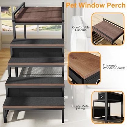 kepptory Dog/Cat Window Perch with Stairs and Seat Cushion, Pet Bunk Bed with Storage Drawers, Bedside Dogs Cot for Small, Medium Cats & Dogs, Pet Stairs Ramp(Brown) - color: Brown
