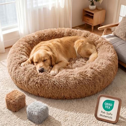 Premium Donut Dog Bed,Dual Memory Foam Orthopedic XXL Dog Beds for Extra Large Dogs,Thick Cooling Gel Fluffy Calming Pet Couch with Removable Waterproof Washable Cover,48 Inch,Camel - color: Camel, size: 48"x48"x8.6"