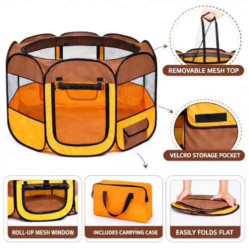 Pet Life All-Terrain Lightweight Wire-Framed Folding Collapsible Pet Playpen, Travel Cat and Dog Playpen, Features Breathable Mesh and Zippered Entrances with Carrying case - color: Brown