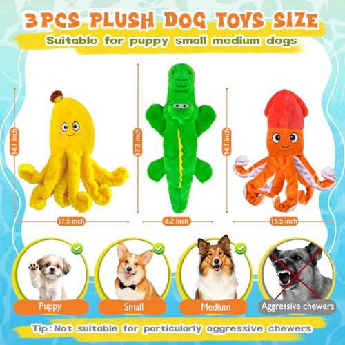 WOWBALA No Stuffing Dog Squeak Toys-3 Pack Plush Crinkle Interactive Puppy Chew Toys, Cute Octopus & Crocodile Toys for Small Medium Dogs,Boredom Relief, Anxiety Reducing - color: Multicolour