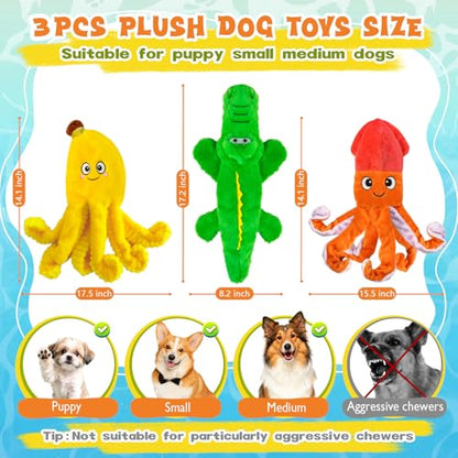 WOWBALA No Stuffing Dog Squeak Toys-3 Pack Plush Crinkle Interactive Puppy Chew Toys, Cute Octopus & Crocodile Toys for Small Medium Dogs,Boredom Relief, Anxiety Reducing - color: Multicolour