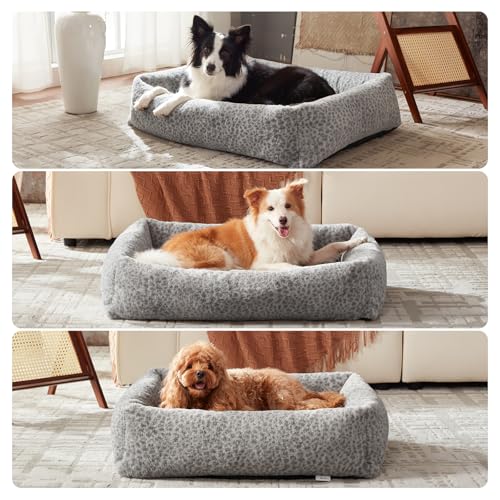 JOEJOY Dog Bed Medium Size Dog, Removable Washable Cover Orthopedic Soft Pet Bed, Anti-Slip Fluffy Plush Faux Rabbit Fur Puppy Bed, 30"x24"x8", Leopard Print, Grey - color: Grey, size: M (30"x24"x8")