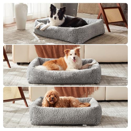 JOEJOY Large Dog Beds Large Sized Dog, Removable Washable Cover Orthopedic Soft Faux Rabbit Fur Pet Bed, Anti-Slip Fluffy Plush Faux Rabbit Fur Puppy Bed, 36"x27"x8", Leopard Print, Grey - color: Grey, size: L (36"x27"x8")