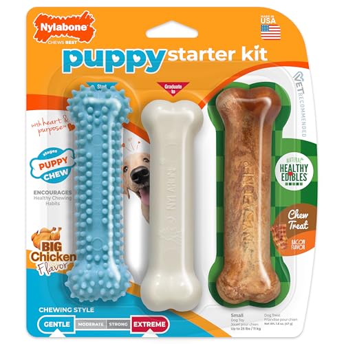 Nylabone New Puppy Starter Kit, Chew Toys & Natural Chew Treat for Puppies, Puppy Enrichment Teething Toys, Blue, Long Lasting Chicken & Bacon Flavor, Small Dogs - Up to 25 Ibs, 3 Pack - color: Blue, size: Small