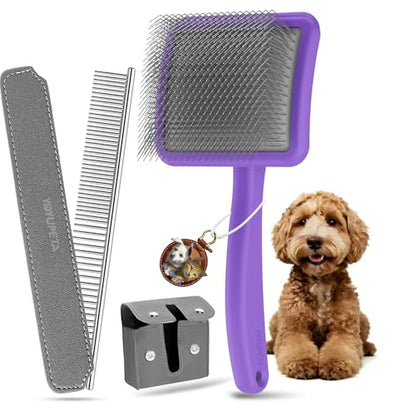 Large Slicker Brush, 2Pc Doodle Grooming Kit with Comb,Purple | With two leather protective covers; ideal for Poodles, Labradoodles; extra long pin; premium wooden handle; removes mats. - color: Purple