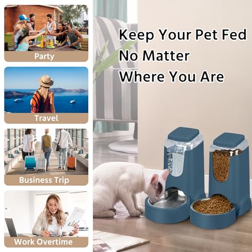 2 Pack Automatic Cat Feeder and Dog Food Feeder, Gravity Stainless Steel Water Dispenser and Waterer Set for Small Medium Puppy Kitten Pets (1 Gallon x 2, Navy Blue) - color: 1 Gallon x 2 - Navy