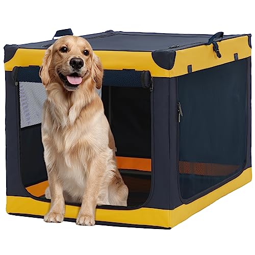 Soft-Sided Dog Crate 40 Inch XL by A4PET, Collapsible Foldable Crate for Large Dogs, Breathable Mesh, Washable Cover, Patented Screw Frame, Travel & Car Safe - color: Blue+Yellow, size: 40.0"L x 25.0"W x 25.0"H