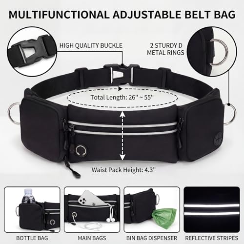 Hands Free Dog Leash 3 Zipper Pounchs with Reflective Strips Poop Bag Dispenser,Waterproof Dog Walking Belt,Dual Handles and Durable Bungee,Waist Leash for Dog Walking,Jogging and Running - color: Black