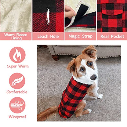 Malier Dog Winter Coat, Classic Plaid Fleece Dog Cold Weather Coats Pet Jacket with Pocket, Windprood Warm Coat Vest Pet Clothes Apparel for Small Medium Large Dogs (Red, Large) - color: Red, size: Large