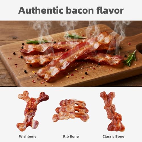 Dog Chew Toys for Large Medium Breeds, Dog Toys for Teeth Cleaning and Training, Toys for Aggressive Chewers, 3 Pack Bacon Flavored Tough Nylon Chew Bones to Keep Them Busy