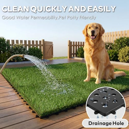 XLX TURF Interlocking Fake Grass Tiles 12 X 12 Inch, Self-draining Artificial Grass Squares for Patio, Balcony, U Shape Buckle System, 6 Pack - color: U Shape Lock Tile-green, size: 12"x12"/6 Piece