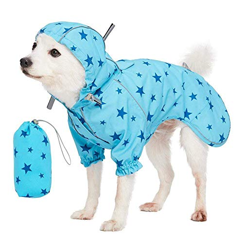 Blueberry Pet 12" Star Prints Lightweight Reflective Waterproof Dog Raincoat with Hood & Harness Hole, Blue, Outdoor Rain Gear Jacket 2 Legs for Dogs - color: 2-legged - Blue, Star Prints, size: 12 Inch