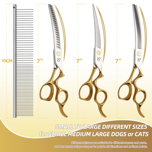 Dog Grooming Scissors,Curved Chunkers Shears Deg Grooming with Safety Round Tips, Sharp and Comfortable 4 in 1 Dog Scissers for Grooming
