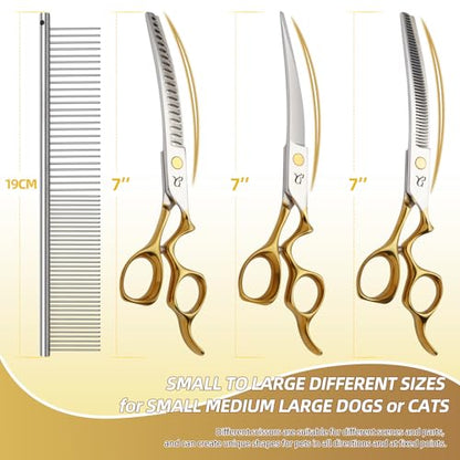 Dog Grooming Scissors,Curved Chunkers Shears Deg Grooming with Safety Round Tips, Sharp and Comfortable 4 in 1 Dog Scissers for Grooming