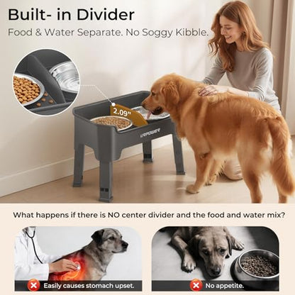 URPOWER Mess Proof Elevated Dog Bowls, High Wall Splash Guard Design, 4 Height Adjustable Raised Bowl Stand, 2 Stainless Steel Bowls, Non-Slip Food Water Set for Small Medium Large Dogs - color: Grey, size: Medium