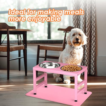 ADENGL Pink Metal Raised Dog Bowl Stand for Large Dogs, Stronger Elevated Dogs Bowls with Sprill Proof Mat, Food & Water Bowl 10in Tall Feeder (42OZ-Stainless Steel Dog Bowls, Mat-12x19 in) - color: Pink - L Silicone Dog Mat, size: Height:10inch