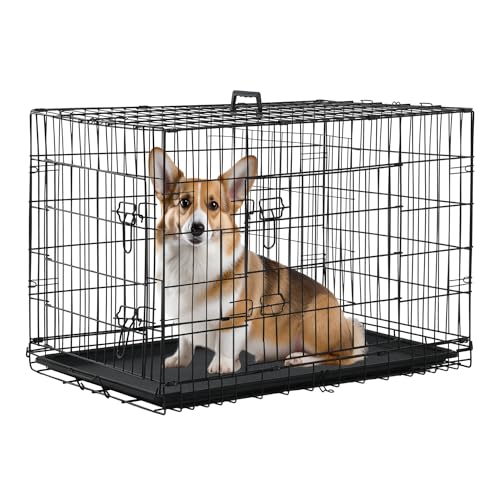 PayLessHere Medium Dog Crate Kennel 30 inches Metal Dog Cage Double-Door Folding Travel Indoor Outdoor Puppy Playpen with Divider and Handle Plastic Tray,Black - color: Black, size: 30.0"L x 18.0"W x 20.0"H