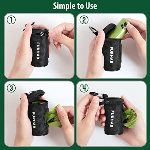 FURHAB Dog Poop Bag Holder for Leash Doggie Waste Bag Dispenser Soft Fabric Puppy Potty Carrier Small Doggy Zipper Pouch with Carabiner Clip with 1 Roll of Pet Trash Bags, Black - color: Black