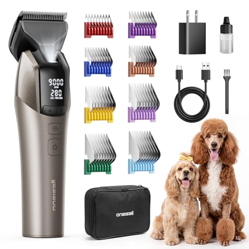 oneisall Dog Clippers for Grooming Thick Hair, Professional 9000RPM 5 Speed with 5 in 1 DLC Blade, 280min Cordless, Low Noise Dog Grooming Kit with 8 Metal Combs Carring Case for Dogs Cats Pet | 280Min Cordless. Low Noise. 5 in 1 DLC Blade.8 Metal Combs w