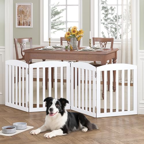 SPIRICH 96" Extra Wide 28" Tall Wooden Freestanding Foldable Dog Gate, Pet Gate Indoor, 4 Panels, White - color: Antique White, size: [4 Panels]96"W x 28"H