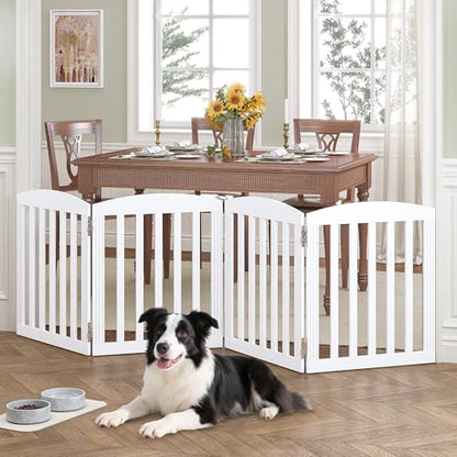 SPIRICH 96" Extra Wide 28" Tall Wooden Freestanding Foldable Dog Gate, Pet Gate Indoor, 4 Panels, White - color: Antique White, size: [4 Panels]96"W x 28"H