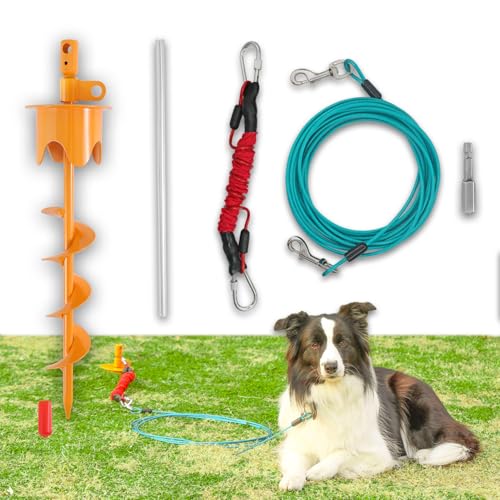 Dog Stakes for Outside Heavy Duty Hold up to 350Lbs Large Dogs Tie Out Tether Leash Chain for Yard Screw in Ground Anchors Set 17 inch with Buffer Rope, 25 FT Steel Cable - color: Orange－Gradient Spiral, size: 17IN Stake+25FT Cable