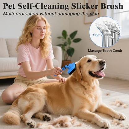 2PCS Self Cleaning Slicker Brush & Dog Comb - Skin Friendly Deshedding Grooming Tool for Dogs, Cats and Small Animals, Professional Deshedding Dematting Tool for Long and Short Haired Pets (Blue) - color: Blue