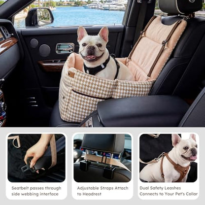 ZOMISIA Elevated Dog Car Seat for Medium Dogs, 3 Adjustable Heights with 2 Egg Crate Foam Boosters 4"+2", Dual-Sided Cooling&Plush Waterproof Cover, 2 Safety Leashes & Buckles, Houndstooth