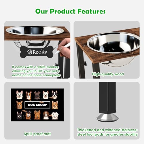 SHAINFUN Elevated Dog Bowls with Mat for Large & Extra Large Dogs, Raised Dog Bowl Stand with 2 Stainless Steel Bowls, Tall Dogs Food Water Bowl Holder - color: Brown-3L