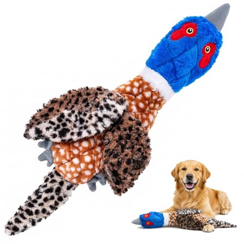 24” Jumbo Quilted Duck Dog Toy – Durable Tie-Dye Plush Bird with Double Squeakers & Crinkle Sound, No Stuffing Interactive Toy for Medium & Large Dogs - color: Blue/Brown/Orange
