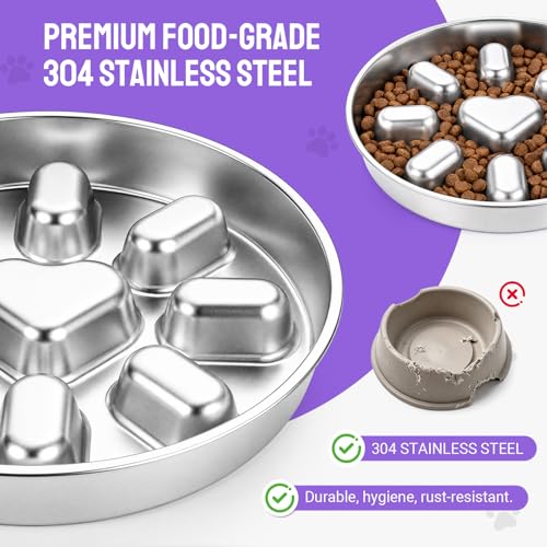 2 Pcs Slow Feeder Dog Bowl, 2 Cups Stainless Steel Dog Slow Feeder Food Bowl for Puzzle Maze Medium Small Dogs or Cat to Eat Slowly, Pet Supplies Dishwasher Safe