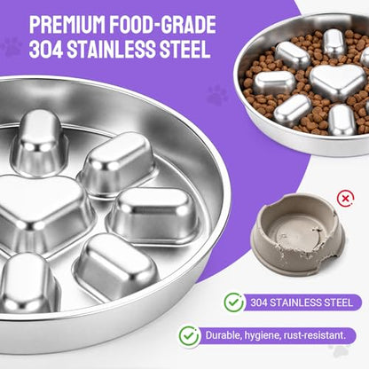 2 Pcs Slow Feeder Dog Bowl, 2 Cups Stainless Steel Dog Slow Feeder Food Bowl for Puzzle Maze Medium Small Dogs or Cat to Eat Slowly, Pet Supplies Dishwasher Safe